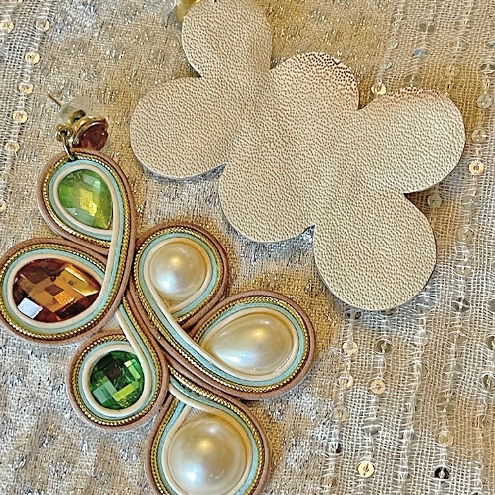 Handmade Soutache Statement Earrings Pearl Crystal Drop